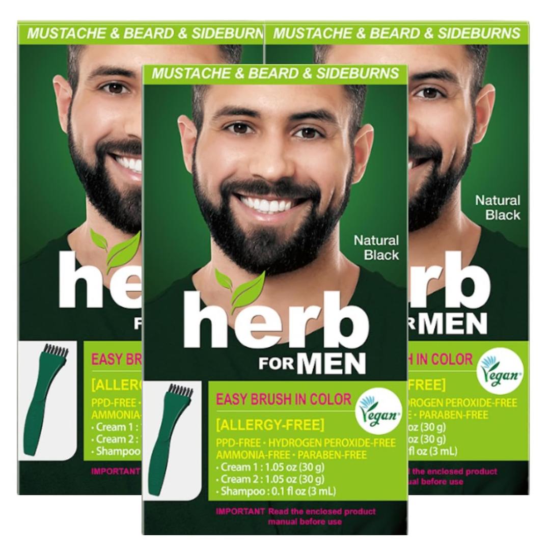 Herb For Men Mustache & Beard Dye (Nature Black, 3 Pack), PPD-Free Ammonia-Free, Vegan with Natural Ingredients, Gentle for Sensitive Skin, No Skin Irritation