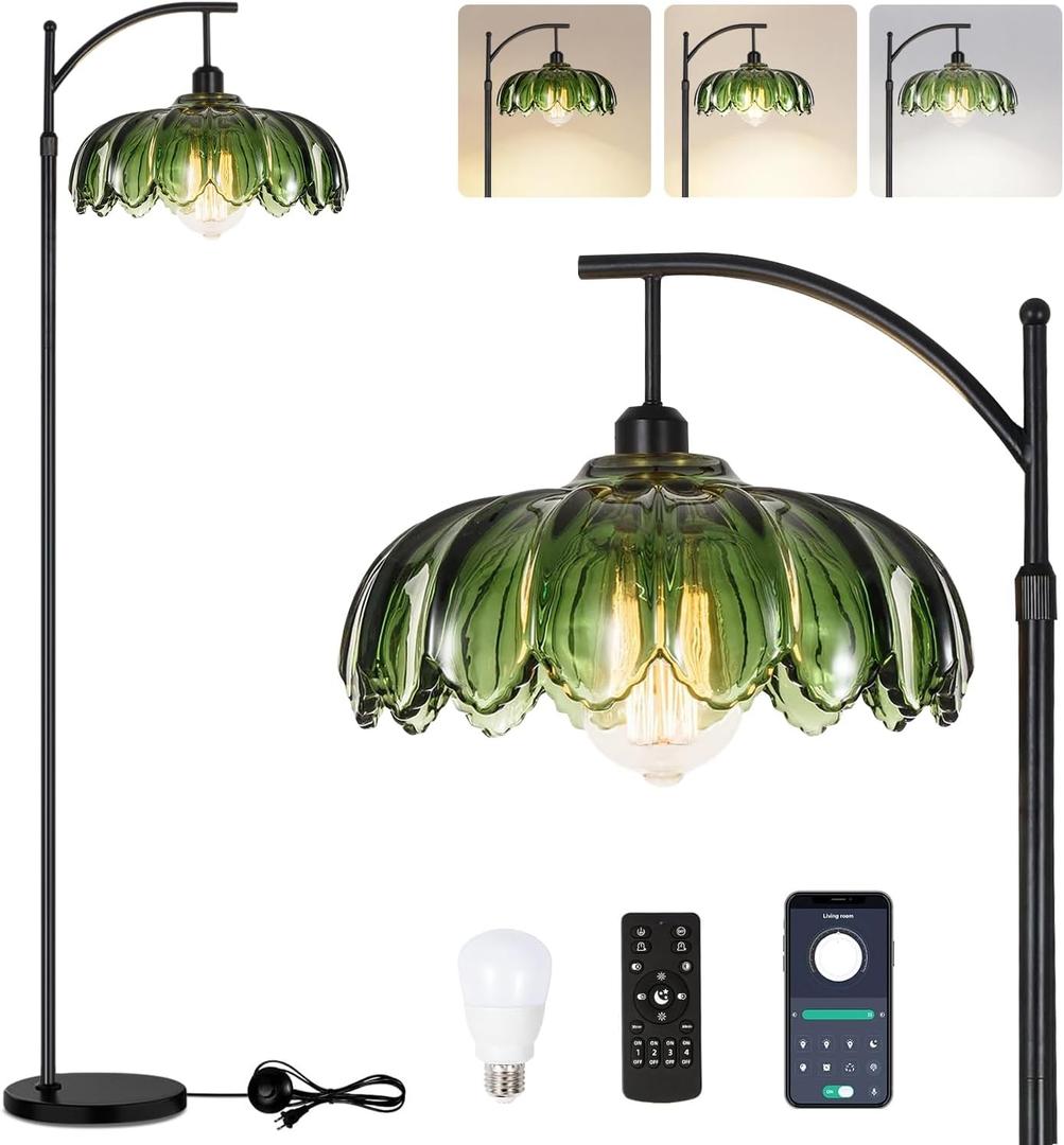 Gold Floor Lamp for Living Room,Bedroom,Standing Lamp with Remote Dimmable Brass Tall Lamp Vintage Retro Mid Century Modern Floor Lamps Arc Green Glass Flower Lamp Floor Light Boho Bohemian