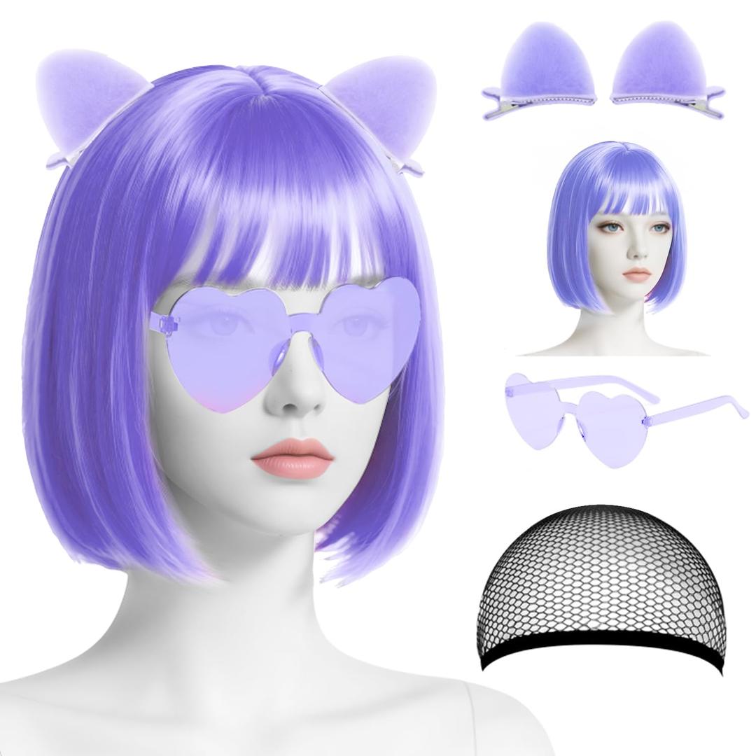 Wig and Party Sunglass, Neon Short Bob Wig, Bob Wig and Hairpin,Wigs for Women for Bachelorette St patrick's Day Party Wigs Decorations Favors (Purple)