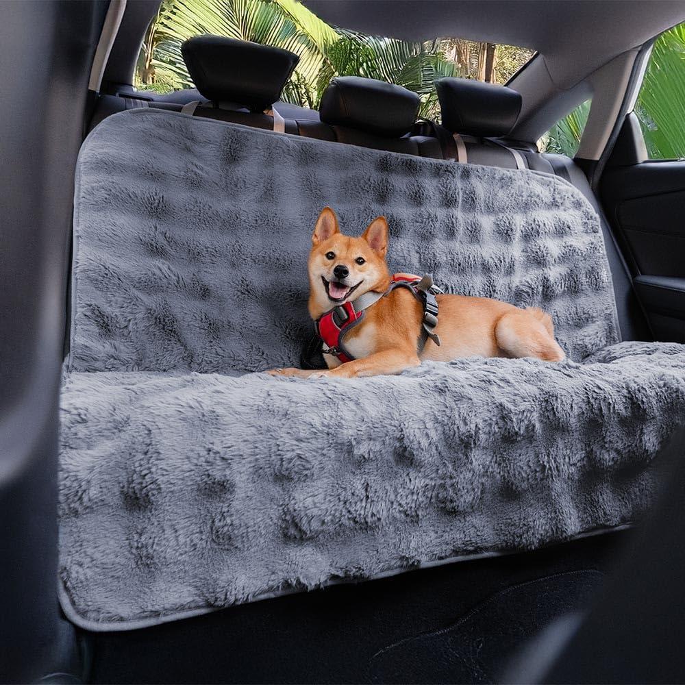 FUNNY FUZZY Fluffy Dog Car Seat Cover for Back Seat (Bench), Water-Resistant with Nonslip Backing,Pet Seat Protector for Cars SUVs TrucksGray (53"26"22", Grey)