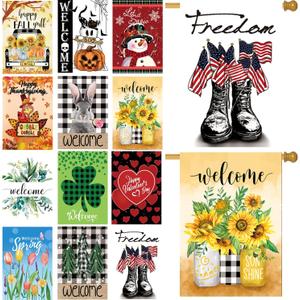 Seasonal Garden Flags Set of 12 Double Sided 28 x 40 Inch Yard Flags, Large House Flags for Outside, Fall Winter Halloween Christmas Outdoor Flags, Holiday Garden Flags for All Seasons