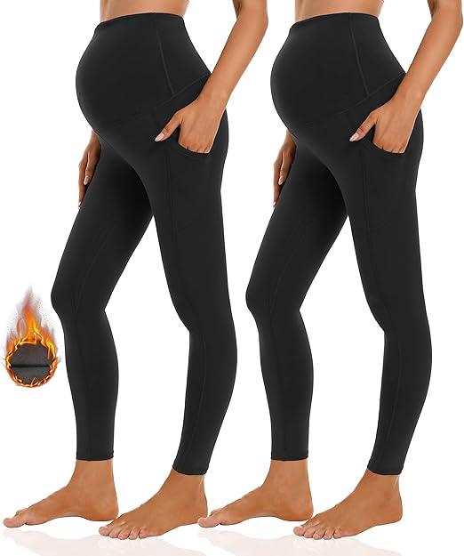 Foucome Women's Maternity Fleece Lined Leggings with Pockets Over The Belly Pregnancy Winter Warm Workout Yoga Pants 2 Packs , Small