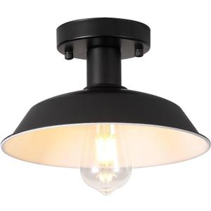 1-Light Black Outdoor Indoor Semi Flush Mount Ceiling Light Fixture, Metal Farmhouse Kitchen Light with E26 Base Socket, 10in Exterior Porch Light Entry Hall Light Fixtures (Bulb Not Included)