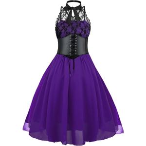 GOLDSTITCH Women's Sleeveless Gothic Lace Dress with Corset Halter Lace Swing Cocktail Dress (XX-Large, Purple)