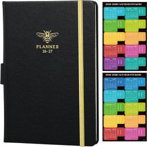 2026-2027 Planner - Planner 2026-2027 Weekly and Monthly with Calendar Stickers, JUL 2026 - JUN 2027, 5.75" x 8.25", Saffiano Leather, Pen Loop, Back Pocket - Black Bee