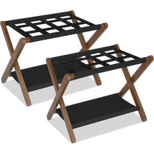 Heybly Luggage Rack, Pack of 2, Folding Suitcase Stand with Storage Shelf, Heavy-Duty Luggage Holder for Guest Room Bedroom Hotel, Holds up to 165 lb, Walnut, HLR010WB2
