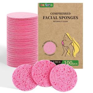 100-Count Compressed Facial Sponges, Natural Cellulose Face Sponges for Cleansing, Exfoliating, Washing face, Makeup Removal, and Spa Use - Travel Skincare Essentials for women (Pink)