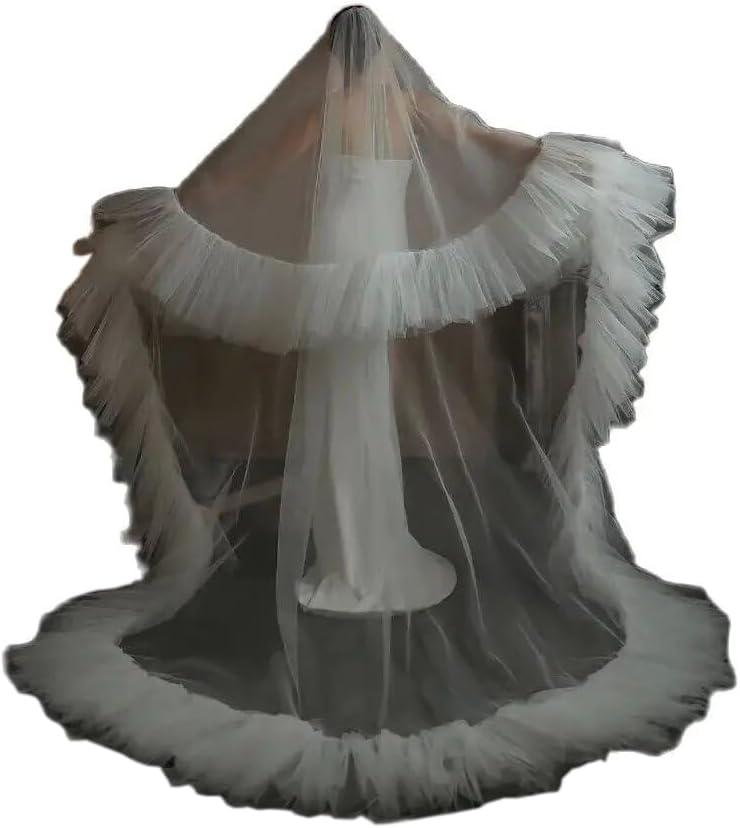 ruthyuexin Two Layer Wedding Veil Ruffled Edge Tulle Bridal Veil With Comb Fluffy Bride Veils Cover Face Veil (White)