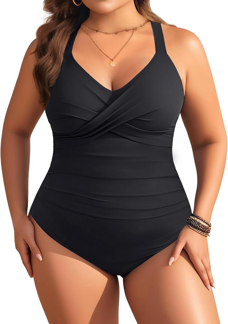 Aqua Eve Plus Size One Piece Swimsuit - Women's Tummy Control Bathing Suit Retro Full Coverage Swimwear 2025 (Black)