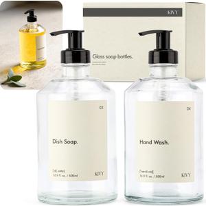 KIVY Glass Soap Dispenser Set [INCL. Waterproof Labels] - Glass Soap Dispenser with Pump - Hand Soap and Dish Soap Set - for Kitchen, Shower & Bathroom - Refillable (2X 16oz)