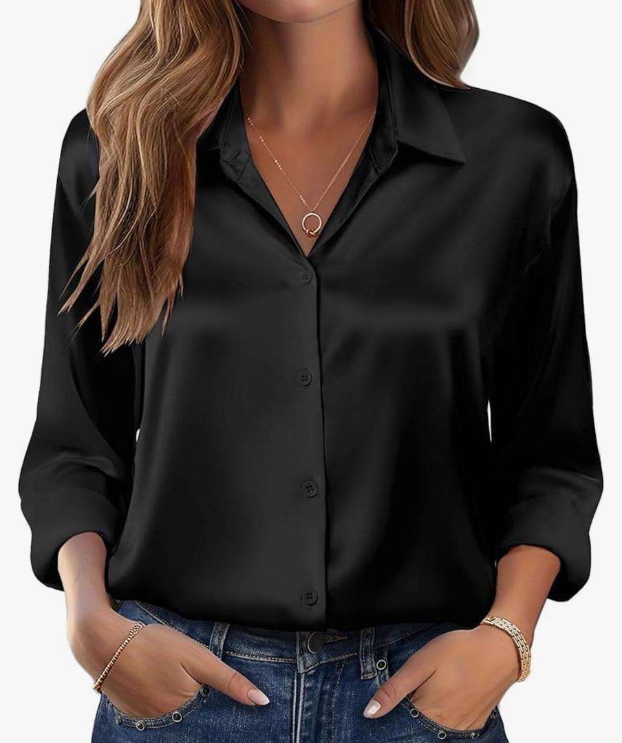 ZAFUL Womens Button Down Shirts 3/ 4 Long Sleeve Dressy Casual Tops Satin Silk Business Blouses Black, 2XL