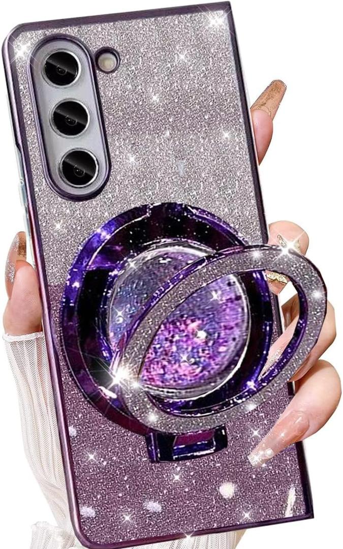 for Samsung Galaxy Z Fold 6 Glitter Kickstand Case, Cute Luxury Bling Sparkly with Liquid Flowing Ring Stand Soft TPU Plating Bumper Protective Case for Women Girls for Galaxy Z Fold 6,Purple