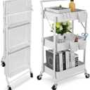 Foldable 3 Tier Metal Utility Rolling Cart, Folding Mobile Multi-Function Storage Trolley Organizer Cart for Home Library Office(White)