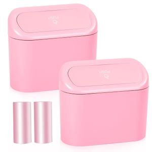 NBTEPEM Pink Car Trash Can with Lid - 2 Pack, Mini Auto Garbage Can with 60 Trash Bags, Leakproof Automotive Garbage Container Bin, Multipurpose Organizers and Storage for Car, Home, Office (Pink)