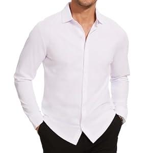 Men's Long Sleeve Button Down Shirts Wrinkle Free Business Untucked Stretch Dress Beach Casual Wedding Shirt (White, M)