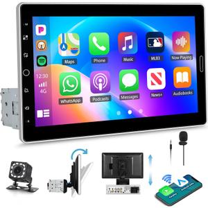 UNITOPSCI 10.1 Inch Single Din Adjustable Car Stereo with Wireless Carplay Android Auto, IPS Floating Touchscreen Radio, Bluetooth 5.2, Mirrorlink/Online Video, FM/AM/EQ/USB, AHD Backup Camera/SWC/MIC