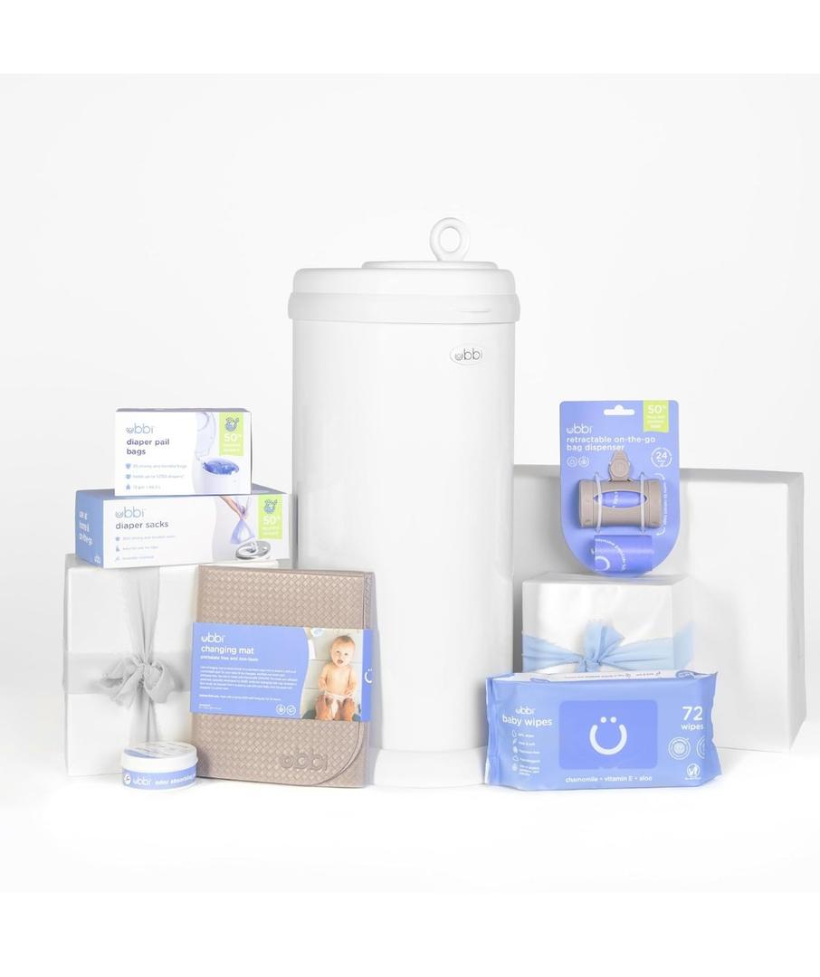 Ubbi Diaper Changing Value Gift Set, Includes White Diaper Pail, Absorbing Gels, Travel Changing Mat, Pail Waste Bags, On-the-Go Waste Sacks & Bag Dispenser, & Baby Wipes, Baby Registry Gift