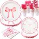 Reallnaive 192 Pcs Pink Bow Party Supplies Severs 24 Guests Coquette Birthday Decorations Includes Plates Cups Napkins Tableware Sets for Girl Bachelorette Bridal Engagement