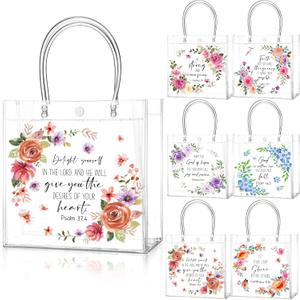 Teenyyou 24 Pcs Christian Clear Gift Bags with Handle Bible Verse Party Favor Flower Goodie Candy Treat Tote PVC Bags for Religious Baptism Themed Party Supplies (Black, L)