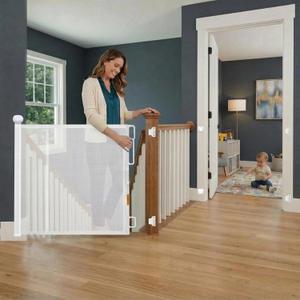 Retractable Baby Gate - 72" Wide Mesh Dog Gate with Support Rods - 34" Tall for Stairs, Doorways, Hallways - Drill or No-Drill - Pet & Cat Gate - Outdoor/Indoor (White, 5.91 Feet)