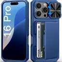BXYJY for iPhone 16 Pro Case with Card Holder (4-5 Cards), Slide Camera Cover, Military Grade Protection, Shockproof Heavy Duty Rugged Silicone Men Women Wallet Phone Case for iPhone 16 Pro, Blue