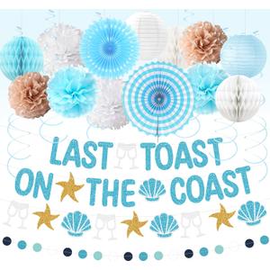 Holkcog Bachelorette Party Decorations, Blue Beach Bride Shower Decor Pom Poms Hanging Banner Swirls for women, Last Toast On The Coast Bridal Shower Wedding Decoration, Bride To Be Party Supply