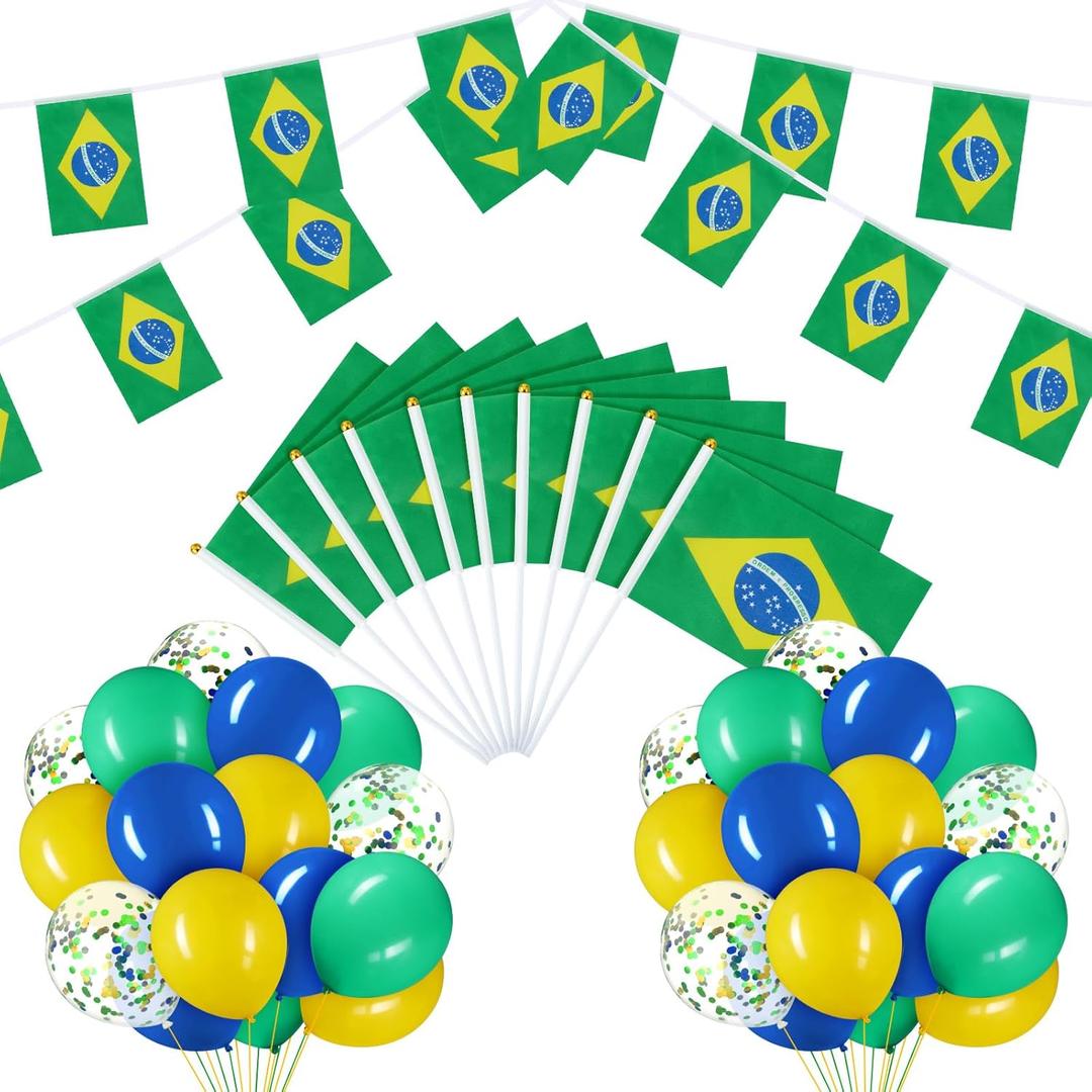 Lenwen 54 Pcs Brazilian String Pennant Banners Brazil Flag Green, Yellow and Blue Latex Balloons with Confetti Balloons Craft Ribbon for Independence Day Patriotic Events Sports Anniversary