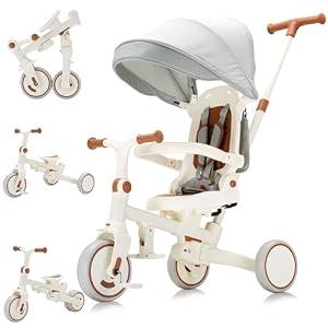 AOPEC 7-in-1 Toddler Tricycle with Parent Push Handle & Canopy, Fully Foldable & Adjustable Stroller, Balance and Pedal Bike for Kids 18 Months to 5 Years, Beige