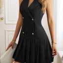 2025 Women's Notch Lapel V Neck Mini Dress Double Breasted Sleeveless, High Waist Pleated Skirt Vintage Audrey Hepburn Style (Black, XL)