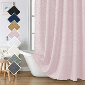 Lecloud Blush Pink Fabric Shower Curtain 72x72 Inches, Clip Jacquard Minimalist Cloth Shower Curtain for Bathroom, Chic Tufted Plaid Striped Boho Fabric Shower Curtain for Hotel