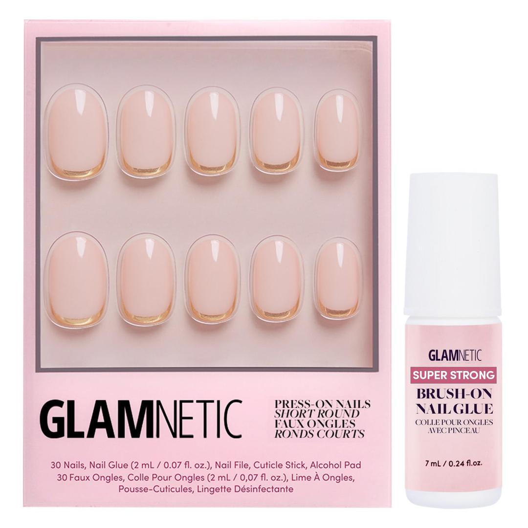 Glamnetic Press On Nails & Brush On Nail Glue Bundle - Goal Digger | Glossy, Semi-Transparent, Short Round Nails, Reusable | Super Strong Nail Glue | Mess-Free, Durable & Long-Lasting