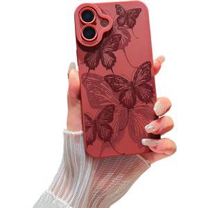 Compatible with iPhone 16 Case Cute Butterfly Pattern Design for Girls Women, Soft Silicone Shockproof Protective Designed for iPhone 16 Case-Red