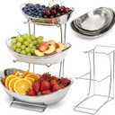 Goaste 3 Tier Ceramic Fruit Bowl, Oval Tiered Serving Bowl Set, Porcelain Fruit Basket with Metal Stand, Large Detachable Fruit Storage Holder Rack for Kitchen Counter, Vegetable, Cake, Dessert, Salad