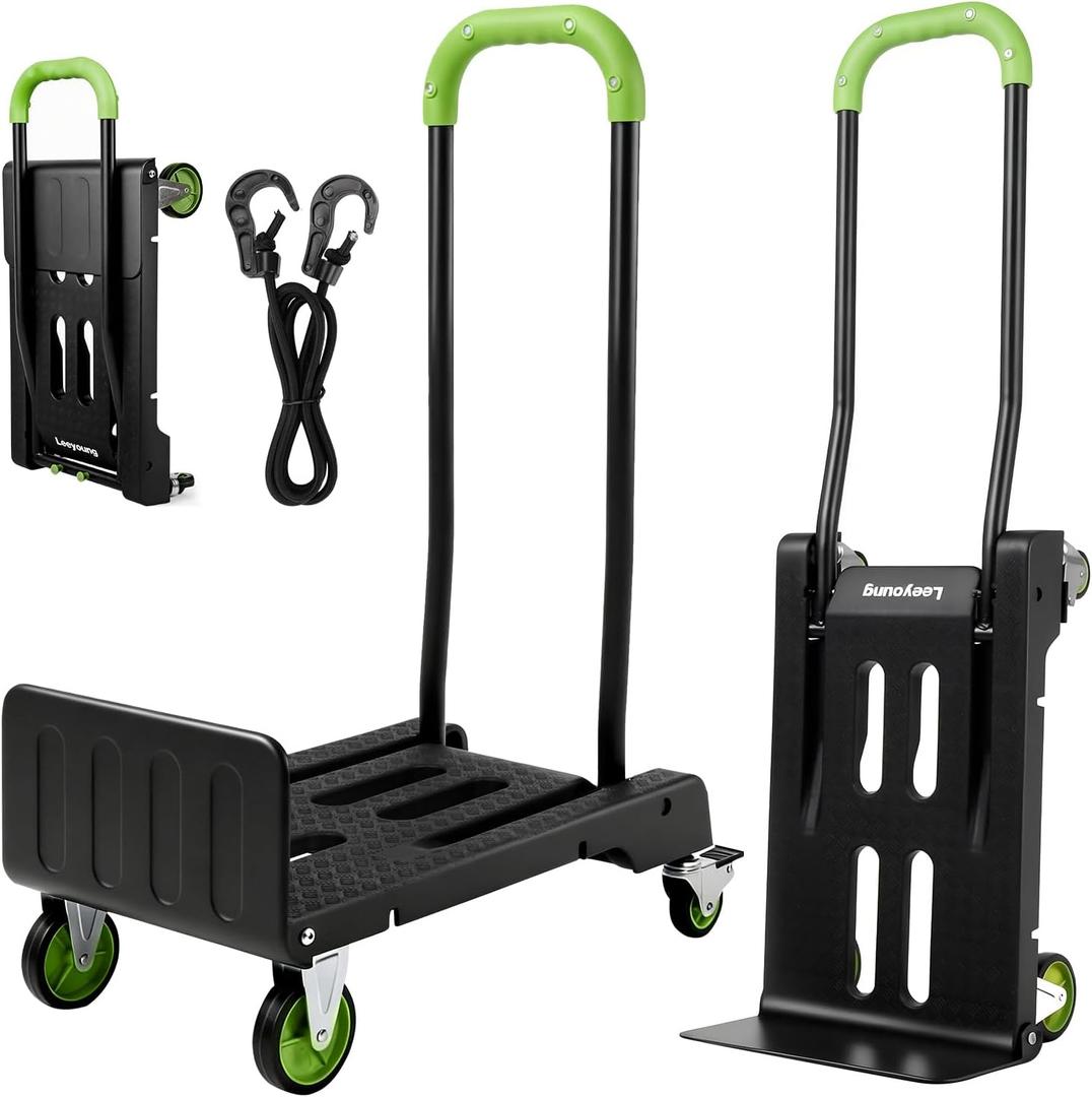 2-in-1 Folding Hand Truck & Dolly Cart, Convertible Hand Truck with Flat Platform, Quiet TPR Wheels, Lightweight 12.5lb, 264 lb Flat / 176 lb Upright Capacity, Compact Cart for Moving, Boxes & Luggage