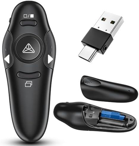 2-in-1 USB Type C Presentation Clicker Wireless Presenter Remote with Laser Pointer, RF 2.4GHz USB C PowerPoint Clicker Slide Advancer for Computer/Mac/Laptop