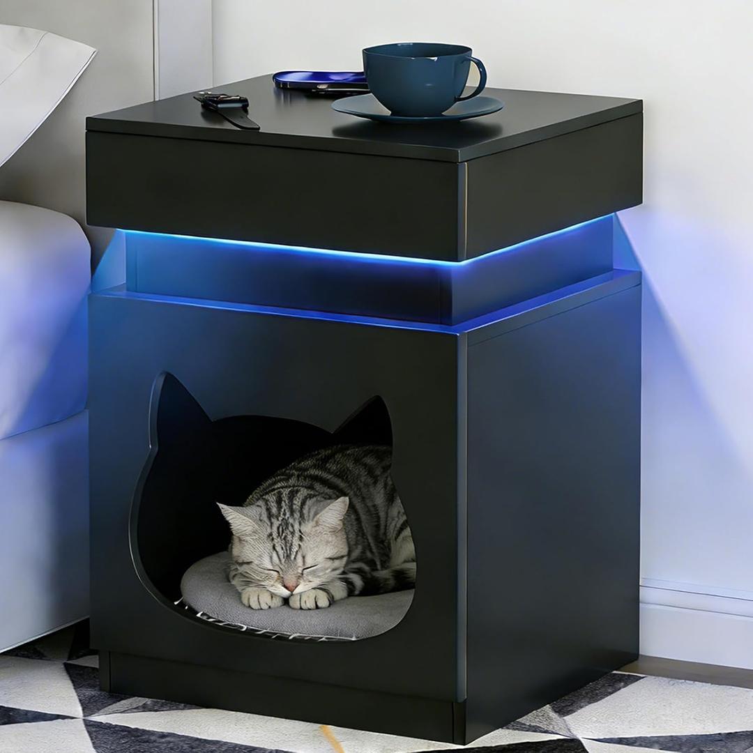 Night Stand with Charging Station, Wooden Bedside Table with LED Lights, Dark Grey Side Tables with Sliding Drawer, Modern End Table with Storage Spacey (Drawer Nightstand), 19.9 inches x 13.78 inches x 23.62 inches