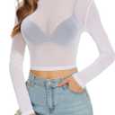 Women's Mesh Tops See Through Shirts Long Sleeve Bodycon Sheer Blouse Clubwear (White, S)