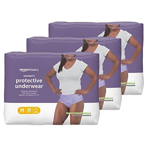 Amazon Basics Maximum Absorbency Incontinence Underwear for Women, Disposable Postpartum, Bladder Leak Protection, Odor Control, Soft, Medium, Lavender, 57 Count (3 Packs of 19)