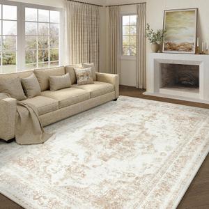 Vintage Area Rug 10x14 Indoor Living Room Beige Washable Medallion Large Carpet Traditional Retro Accent Throw Rug Low Pile Non Slip Distressed for Office Dining Room Bedroom (10' x 14' (Rectangular), Distressed | Beige)