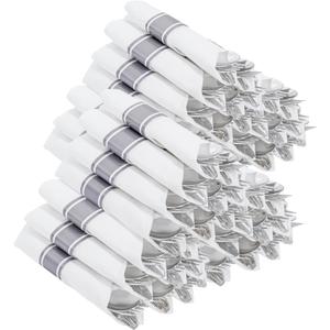 400PCS Pre Rolled Silver Plastic Silverware Sets - Heavy Duty Silver Cutlery - Include 100 Pack Wrapped Disposable Utensils with Napkins for Parties & Dinners & Weddings