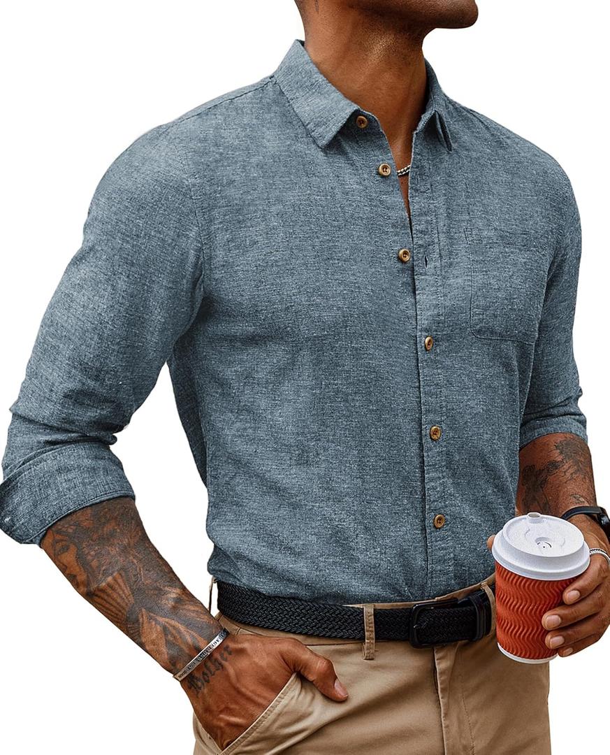PJ PAUL JONES Long Sleeve Shirts for Men Fashion Button Down Shirt Outfit with Pocket Grey Blue Shirt Men M