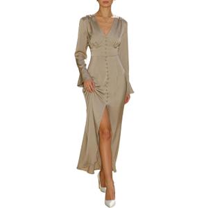 RIHOAS Women's Elegant Formal Semi Formal Dresses - Long Sleeve Flowy A Line Satin Maxi Dress for Fall Wedding Guest (Medium)