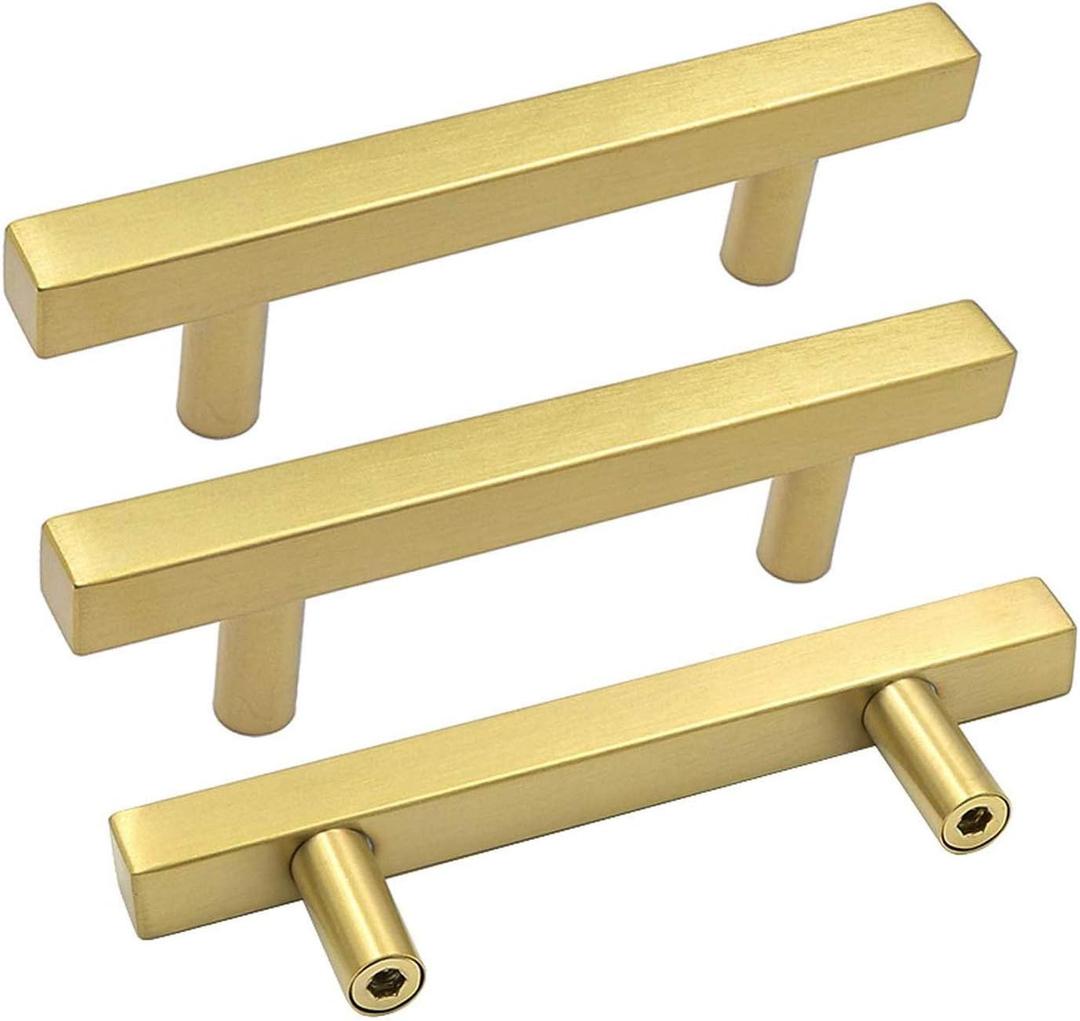 Goldenwarm 10 Pack Gold Cabinet Handles 3"(76mm) Brushed Brass Cabinet Pulls T Bar Drawer Pulls for Kitchen Cupboard & Drawer Hardware