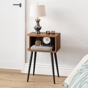 Nightstand, Small Bed Side Table for Small Spaces, Mid Century Modern Nightstand End Table with Open Storage, Side Table for Bedroom Living Room, Walnut Brown