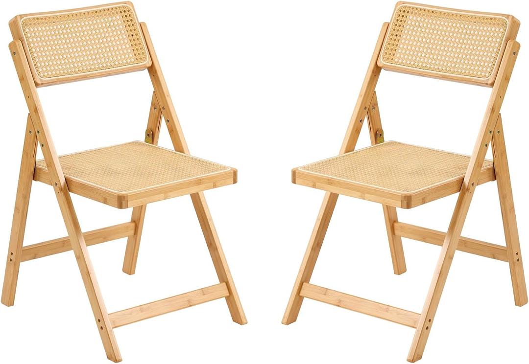 Rattan Folding Chairs, Modern Mid Century Dining Chairs Set of 2, Outdoor Bamboo Chair for Bedroom Living Room Reading Room Dining Kitchen, Wood (Wood-2pack-foldable)