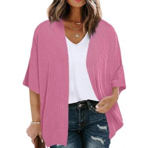 Eytino Women Plus Size Lightweight Cardigan Half Sleeve Ribbed Knit Kimono Cardigans Tops(1X-5X) (Pink)