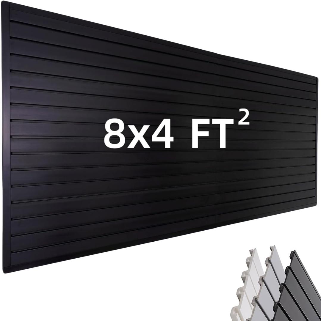 FRAYSCENT Slat Wall Paneling Garage Wall Organizer, Slatwall Panels Garage Tool Organizer Wall Mount Garage Slat Wall Storage Systems, Slat Board PVC Wall Panels Garage Storage (Black, 8ftx4ft)