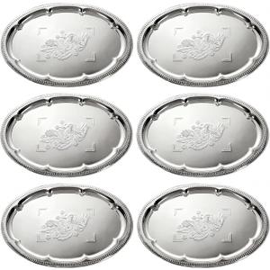 6 Pack Large Silver Serving Trays Set 15.7" x 11.8" Stainless Steel Floral Oval Tray Retro Vintage Platters for Birthday Wedding Party Tableware for Snack Whiskey Cookie Dessert Food Display