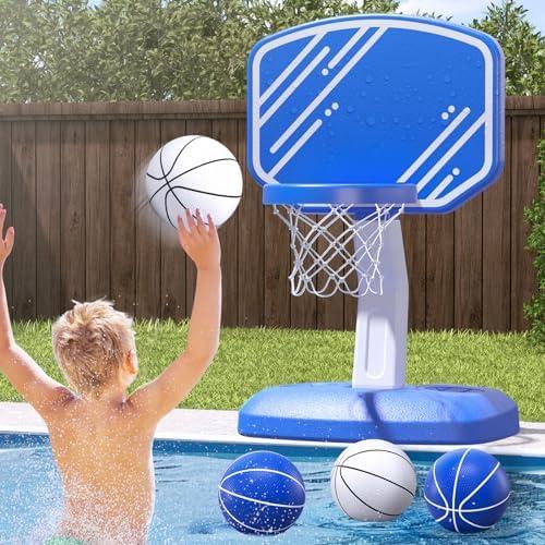 HYES Pool Basketball Hoop, Poolside Basketball Hoop for Swimming Pool, Includes 4 Balls and Pump, Adjustable Height Indoor Outdoor Play, Pool Toys Game for Kids