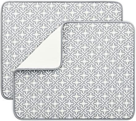 SUBEKYU Dish Drying Mats for Kitchen Counter, Microfiber Absorbent Dish Drainer/Rack Pads for Sink, 19.5*15.8 inch, Set of 2, Grey, leaf